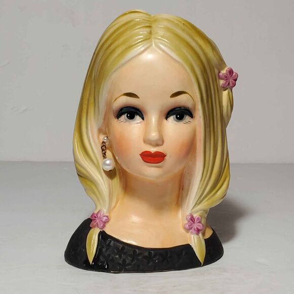 Rubens Lady Head Vase Planter Pink Flowers in Hair Vintage